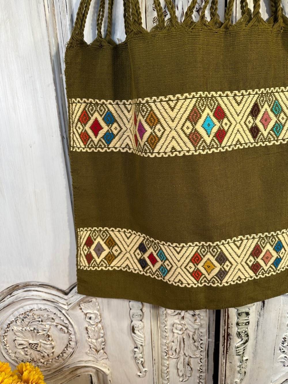 Unbranded Olive Green Woven Tote with Geometric Embroidery - Picture 4 of 6